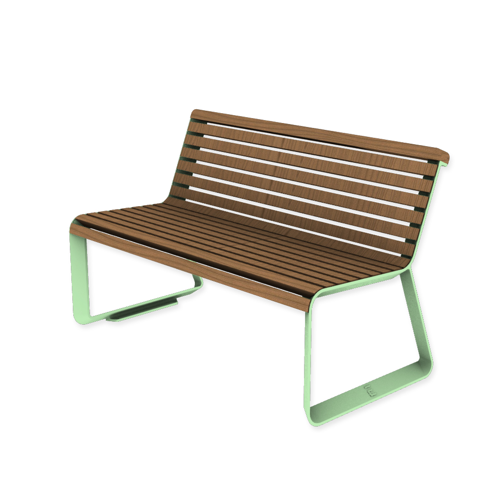 Die Abb. zeigt die EGOÉ Bank I2 profiliertes Aluminiumgestell in Weißgrün (RAL 6019) mit Jatoba Natur.