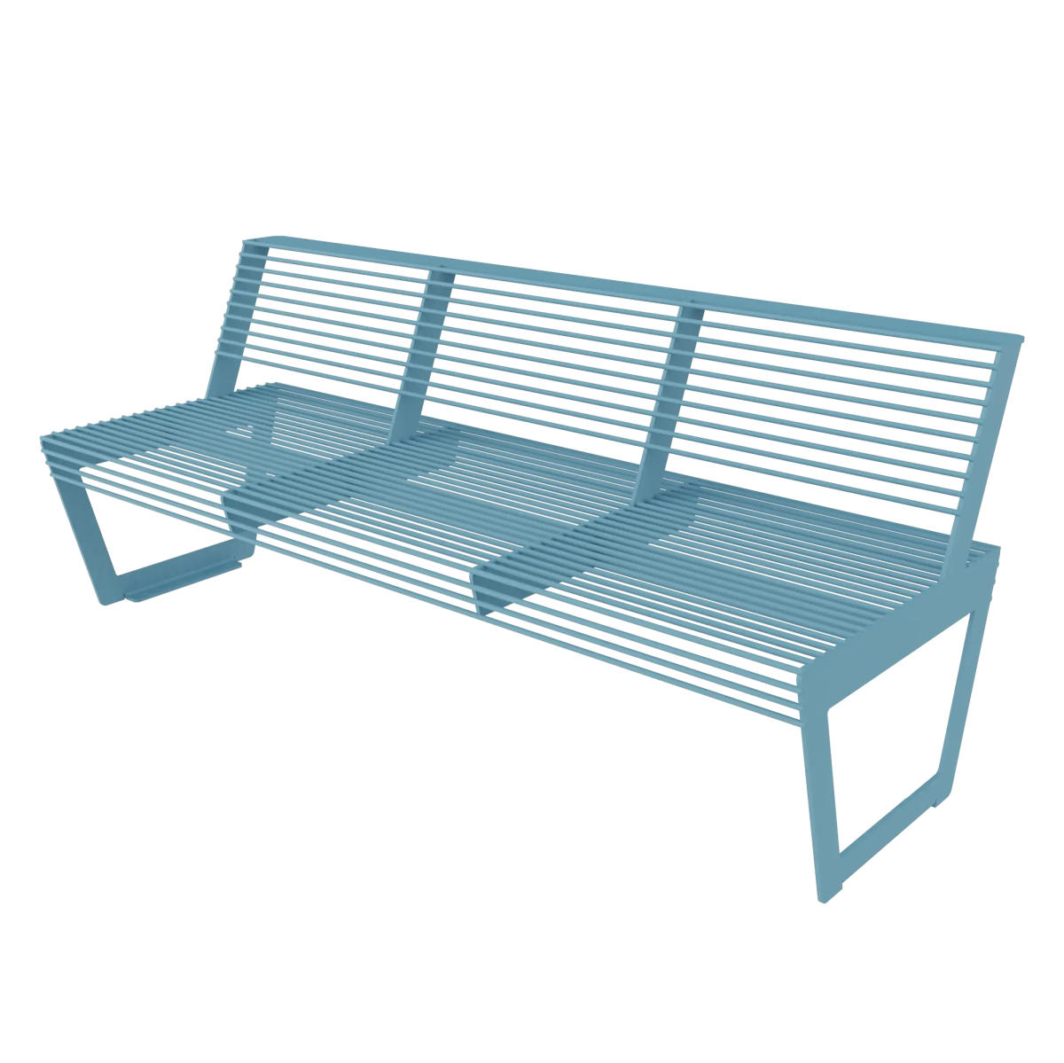 Die Abb. zeigt die EGOÉ Bank A3 aus Stahl mit Rückenlehne in Pastellblau (RAL 5024).