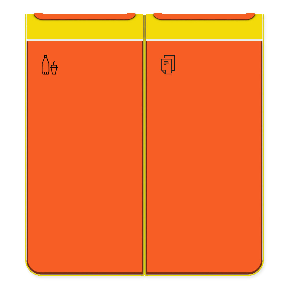 Die Abb. zeigt den EGOÉ Recycling Abfallbehälter I20 - 2x45 Liter mit Piktogrammen Kunststoff-Papier, Farbe Rahmen Rapsgelb (RAL 1021) und Farbe Korpus Hellrotorange (RAL 2008).