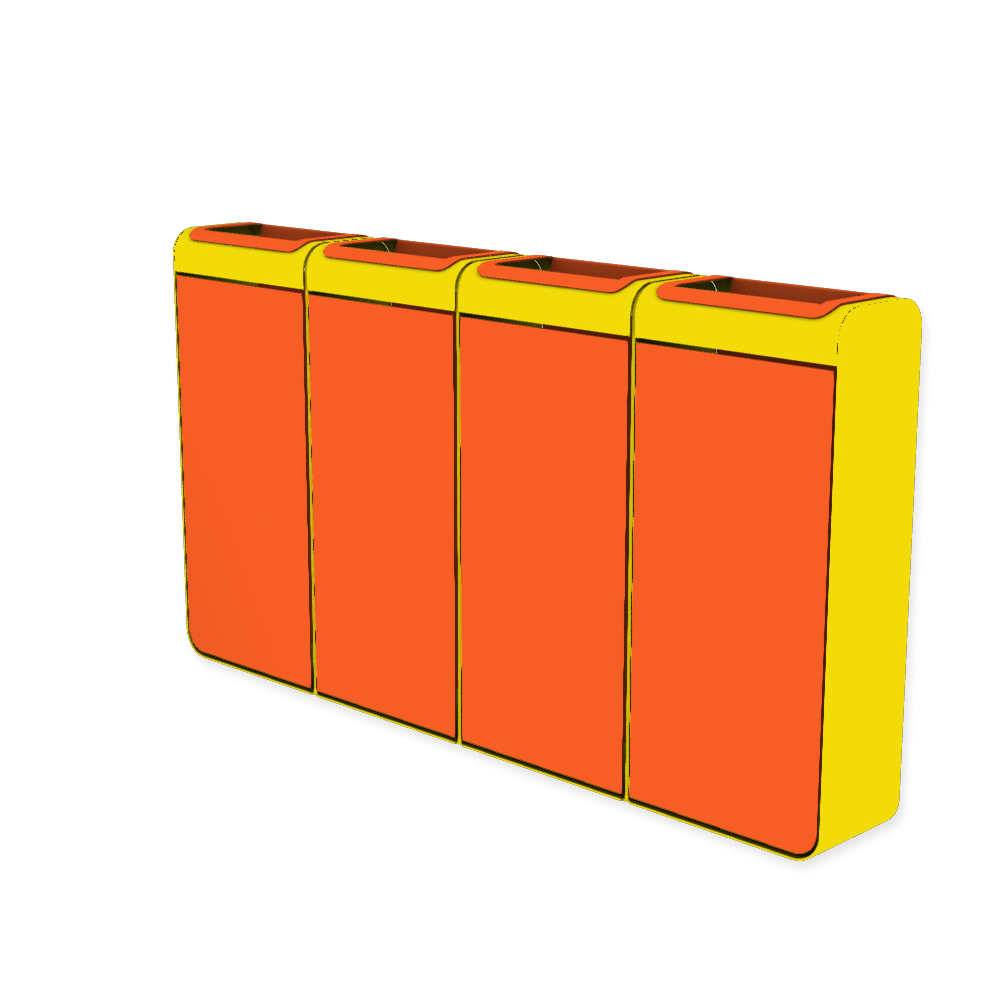 Die Abb. zeigt den EGOÉ Recycling Abfallbehälter I20 - 4x45 Liter mit Farbe Rahmen Rapsgelb (RAL 1021) und Farbe Korpus Hellrotorange (RAL 2008).
