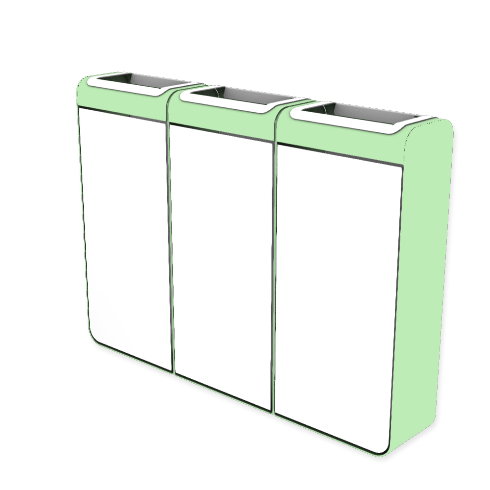 Die Abb. zeigt den EGOÉ Recycling Abfallbehälter I20 - 3x45 Liter mit Farbe Rahmen Weißgrün (RAL 6019) und Farbe Korpus Reinweiß (RAL 9010).