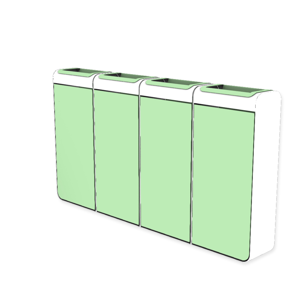 Die Abb. zeigt den EGOÉ Recycling Abfallbehälter I20 - 4x45 Liter mit Farbe Rahmen Reinweiß (RAL 9010) und Farbe Korpus Weißgrün (RAL 6019).