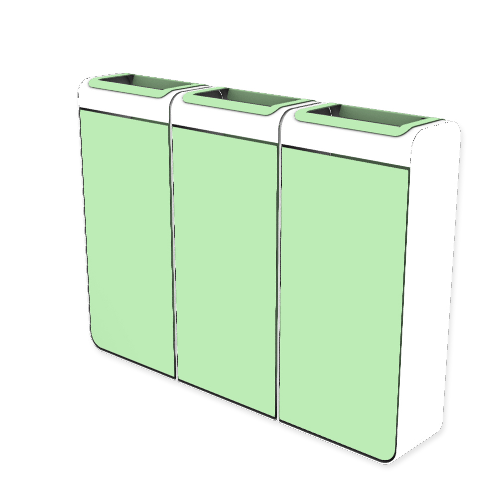 Die Abb. zeigt den EGOÉ Recycling Abfallbehälter I20 - 3x45 Liter mit Farbe Rahmen Reinweiß (RAL 9010) und Farbe Korpus Weißgrün (RAL 6019).