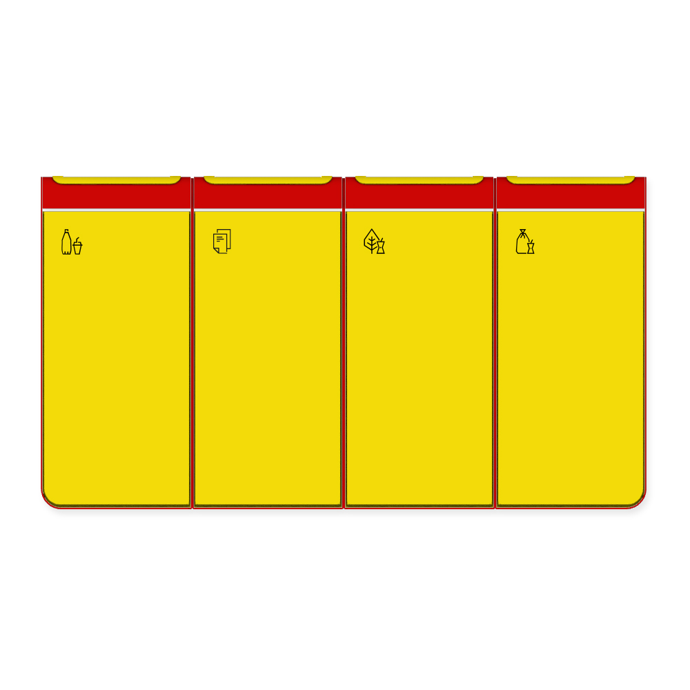 Die Abb. zeigt den EGOÉ Recycling Abfallbehälter I20 - 4x45 Liter mit Piktogrammen, Farbe Rahmen Verkehrsrot (RAL 3020) und Farbe Korpus Rapsgelb (RAL 1021).