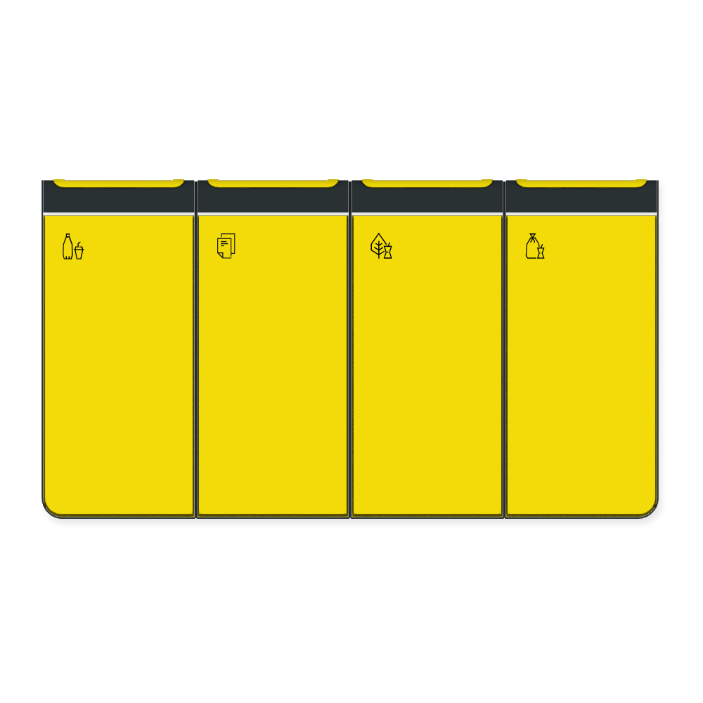 Die Abb. zeigt den EGOÉ Recycling Abfallbehälter I20 - 4x45 Liter mit Piktogrammen, Farbe Rahmen Anthrazitgrau (RAL 7016) und Farbe Korpus Rapsgelb (RAL 1021).