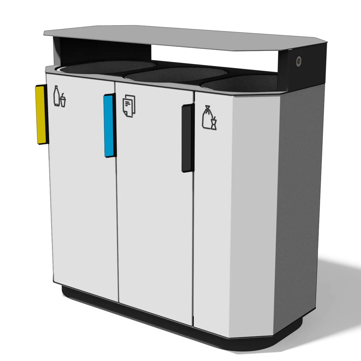 Die Abb. zeigt den Abfallbehälter A20 Aluminium mit Stahldach, oval, Verkleidung in Weißaluminium (RAL 9006) und Rahmen in Anthrazitgrau (RAL 7016).