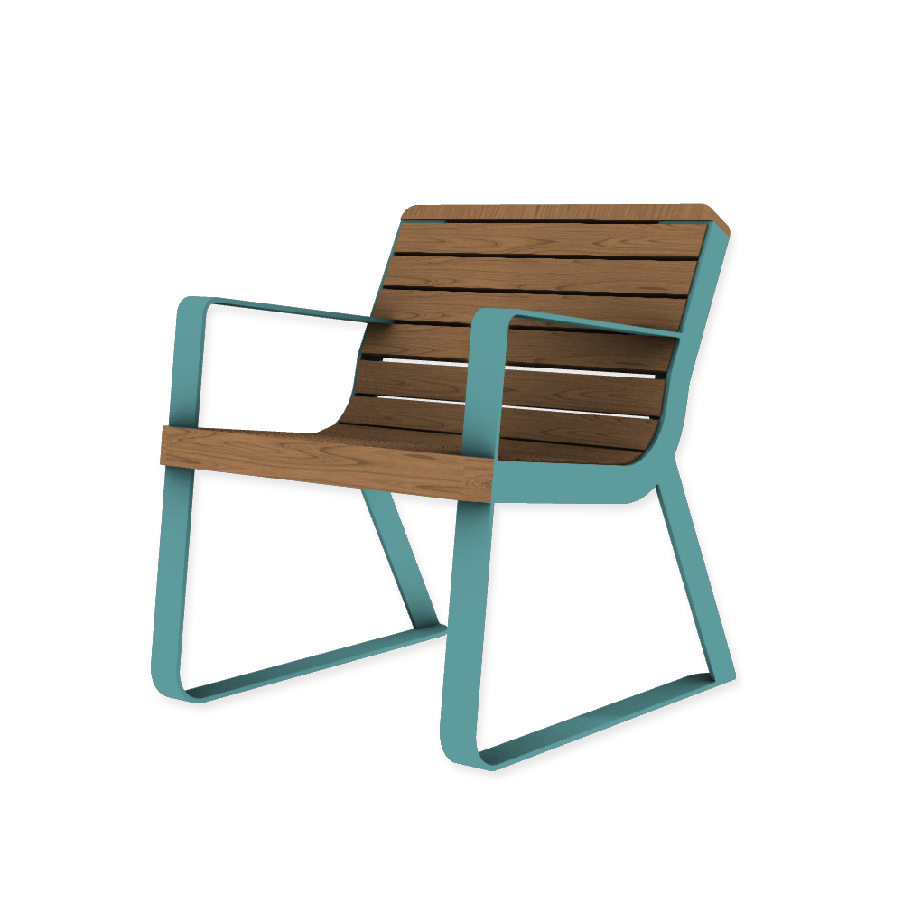 Die Abb. zeigt den EGOÉ Stuhl I1 mit Armlehnen in Pastellblau (RAL 5024) mit Jatoba Natur.