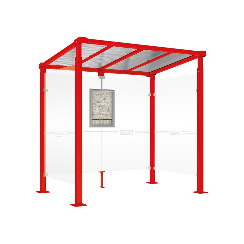 Wartehalle Milano aus Sicherheitsglas - Breite: 2500 mm, Verkleidung: Mit Seitenverkleidungen beidseitig, Farbe: Verkehrsrot (RAL 3020)
