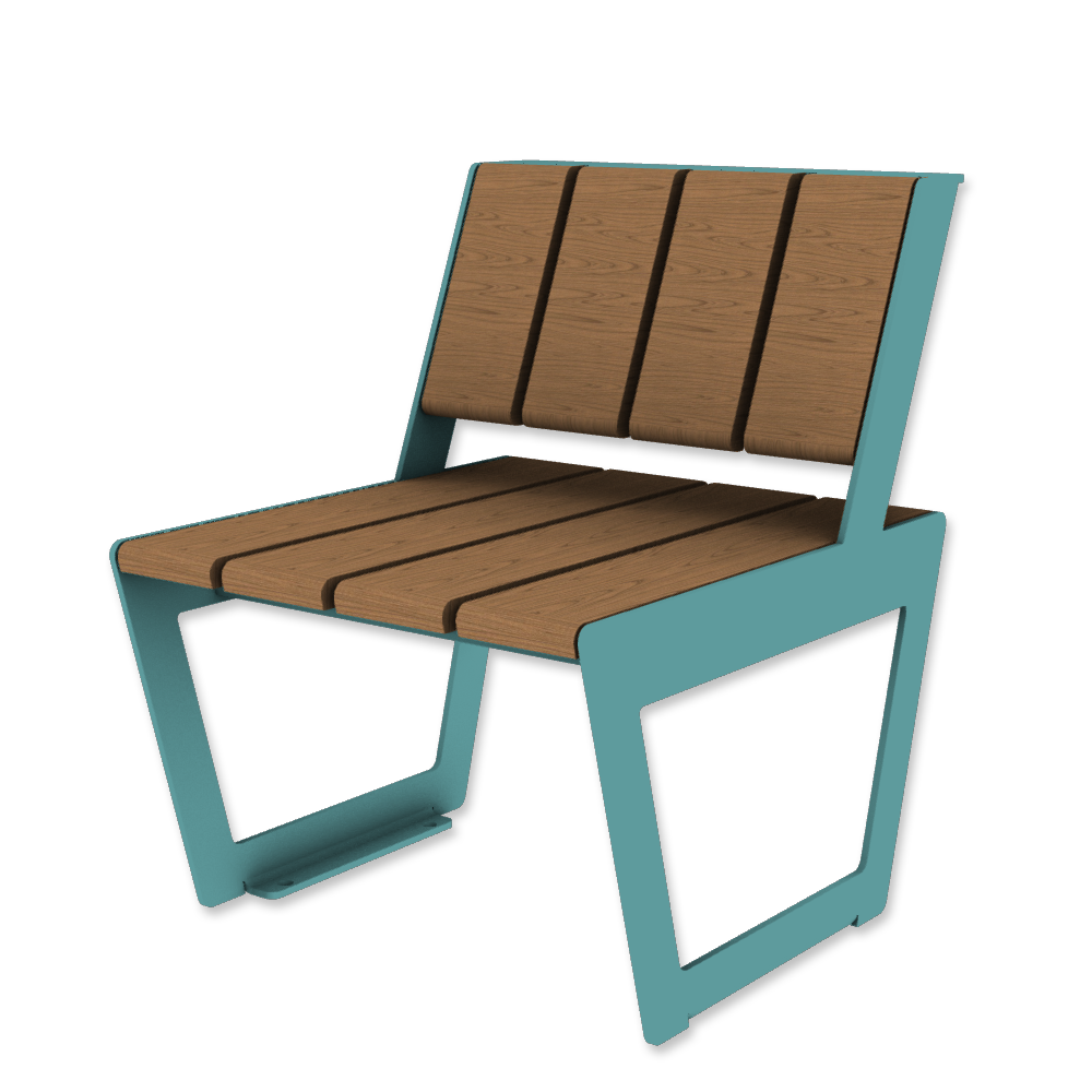 Die Abb. zeigt den modularen Stuhl A4 in Pastellblau (RAL 5024) mit Jatoba Natur.