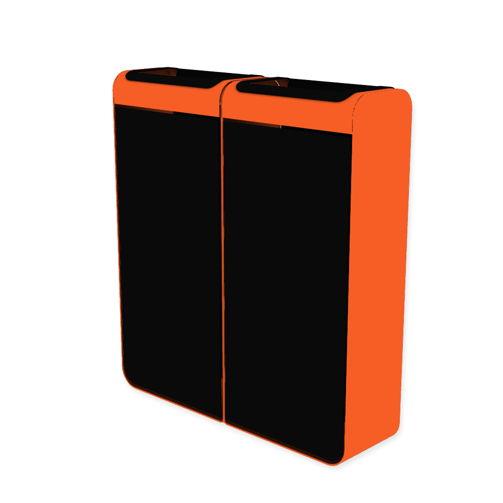Die Abb. zeigt den EGOÉ Recycling Abfallbehälter I20 - 2x45 Liter mit Farbe Rahmen Hellrotorange (RAL 2008) und Farbe Korpus Tiefschwarz (RAL 9005).