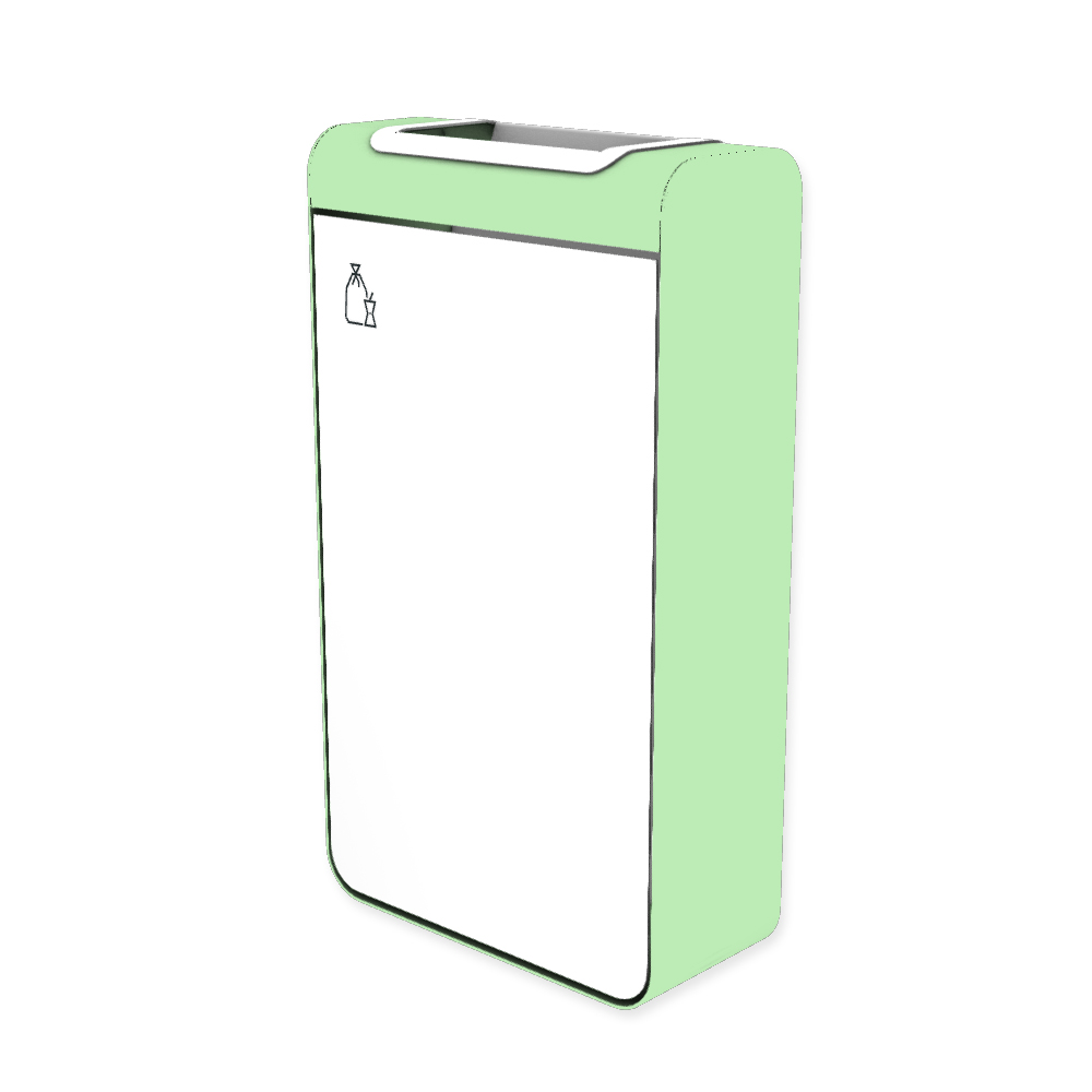 Die Abb. zeigt den EGOÉ Abfallbehälter I20 - 60 Liter mit Piktogramm Restmüll, Farbe Rahmen Weißgrün (RAL 6019) und Farbe Korpus Reinweiß (RAL 9010).