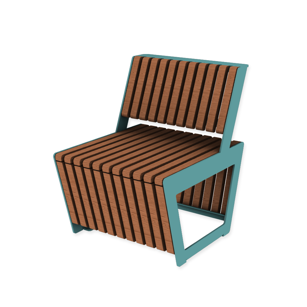 Die Abb. zeigt den modularen Stuhl A4 mit schmalen Holzleisten in Pastellblau (RAL 5024) mit Jatoba geölt.