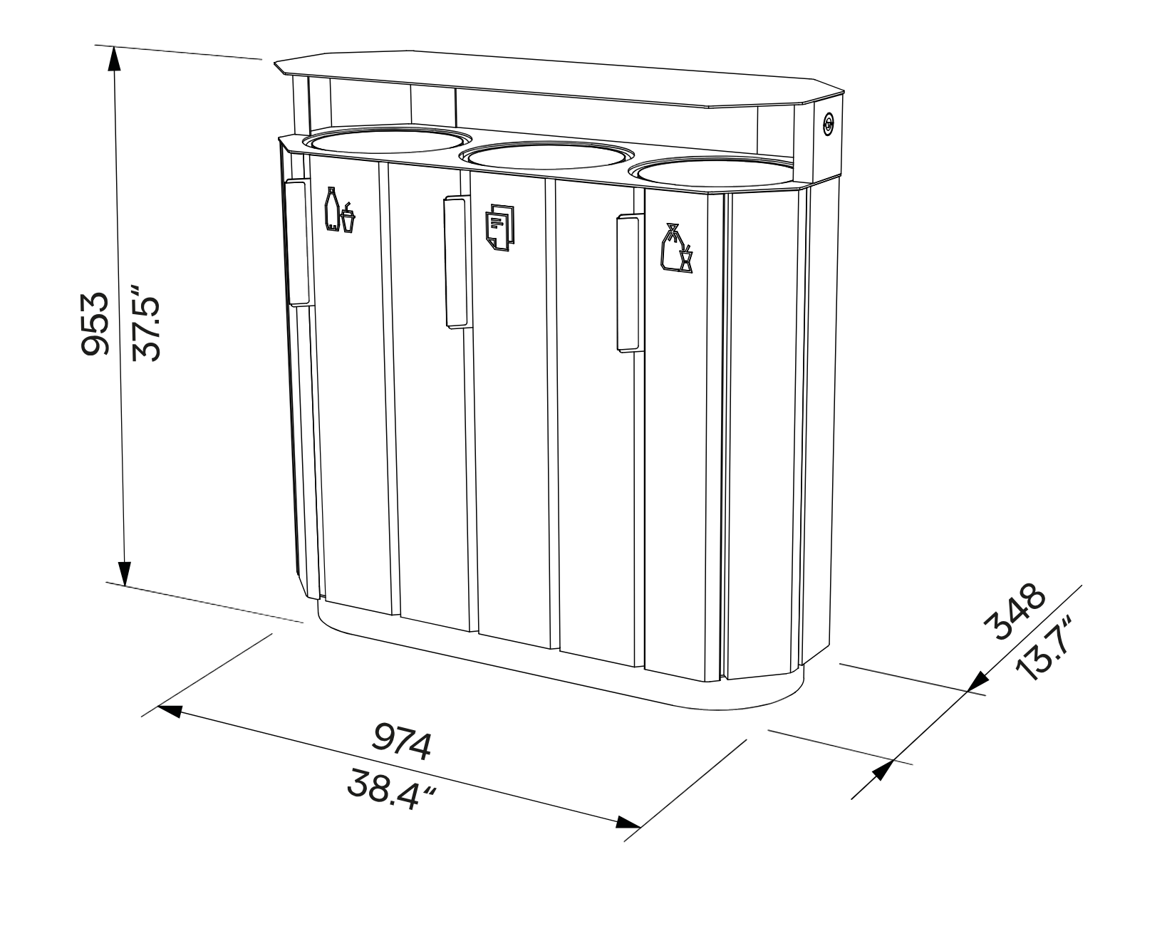 Die Abb. zeigt die technischen Daten des EGOÉ 3er Recycling-Abfallbehälters A20 mit Stahldach, rund.