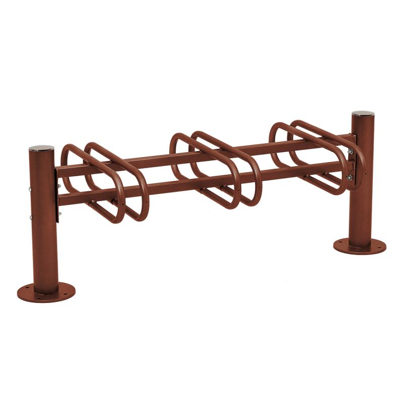 Die Abb. zeigt den Fahrradständer Province mit Flachkopf, 3 doppelseitigen Stellplätzen in Rost-Corten-Effekt.