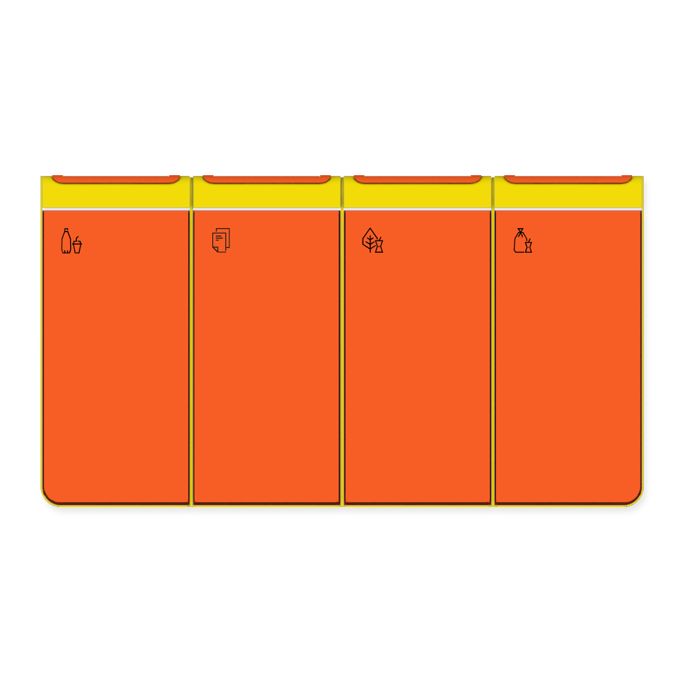 Die Abb. zeigt den EGOÉ Recycling Abfallbehälter I20 - 4x45 Liter mit Piktogrammen, Farbe Rahmen Rapsgelb (RAL 1021) und Farbe Korpus Hellrotorange (RAL 2008).