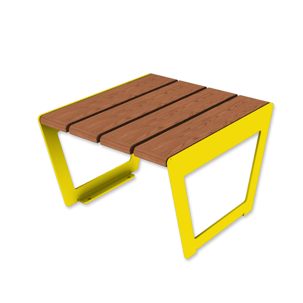 Die Abb. zeigt den modularen Hocker A4 in Rapsgelb (RAL 1021) mit Jatoba geölt.