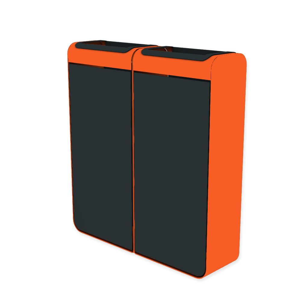 Die Abb. zeigt den EGOÉ Recycling Abfallbehälter I20 - 2x45 Liter mit Farbe Rahmen Hellrotorange (RAL 2008) und Farbe Korpus Anthrazitgrau (RAL 7016).