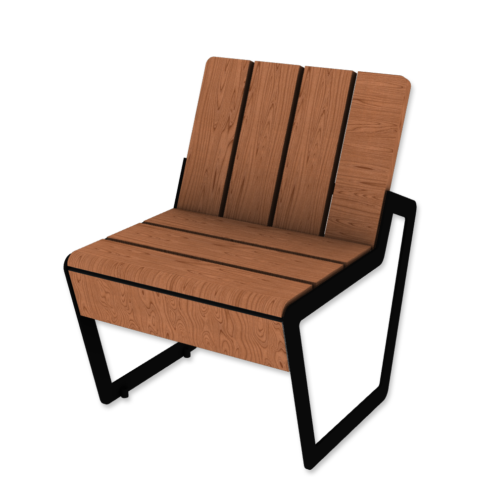 Die Abb. zeigt den Stuhl A5 aus Holz und Stahl, in Tiefschwarz (RAL 9005) mit Jatoba geölt.