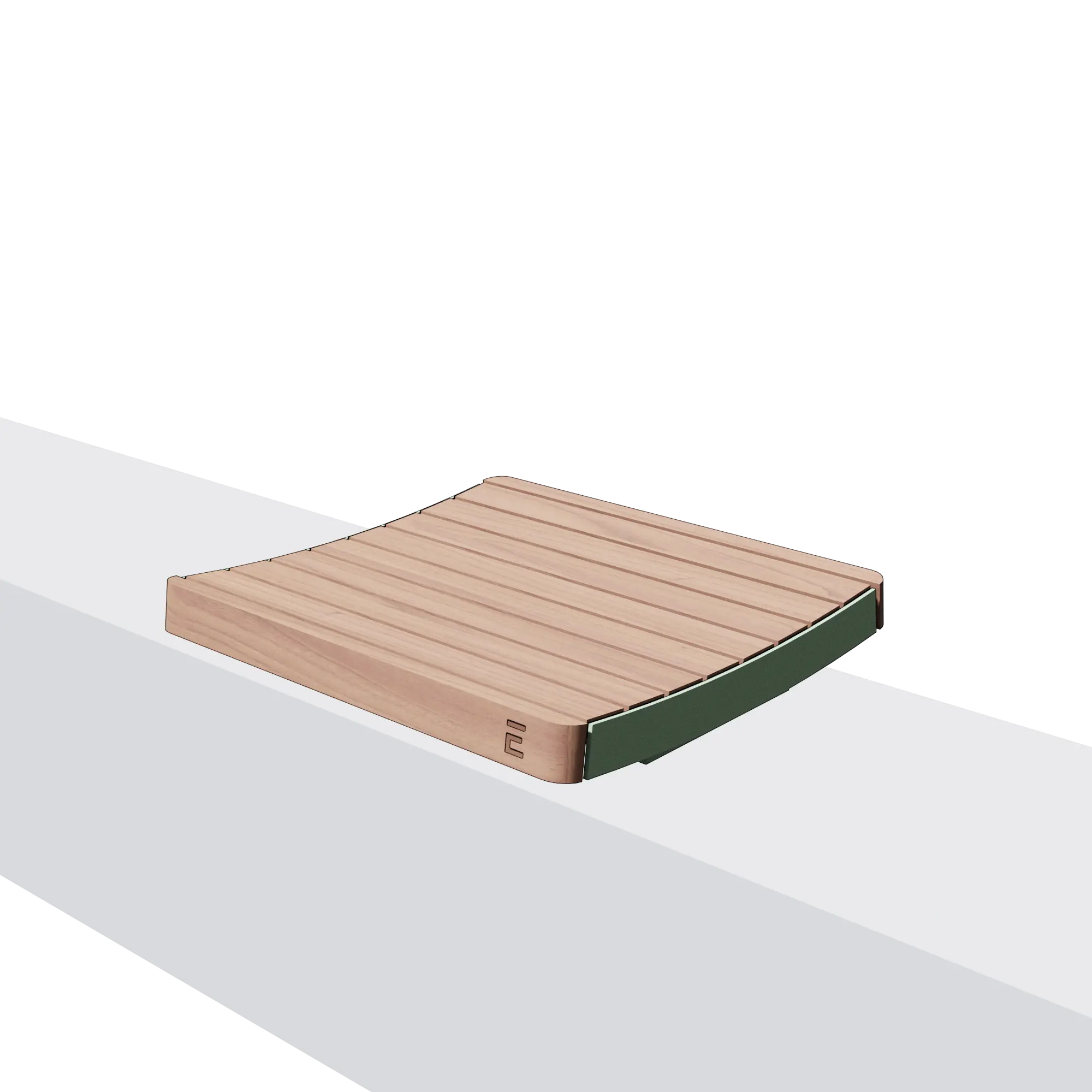 Die Abb. zeigt den EGOÉ Hocker I1 für Sockelmontage mit Holz aus Robinie Natur und Gestell in  Weißgrün (RAL 6019).