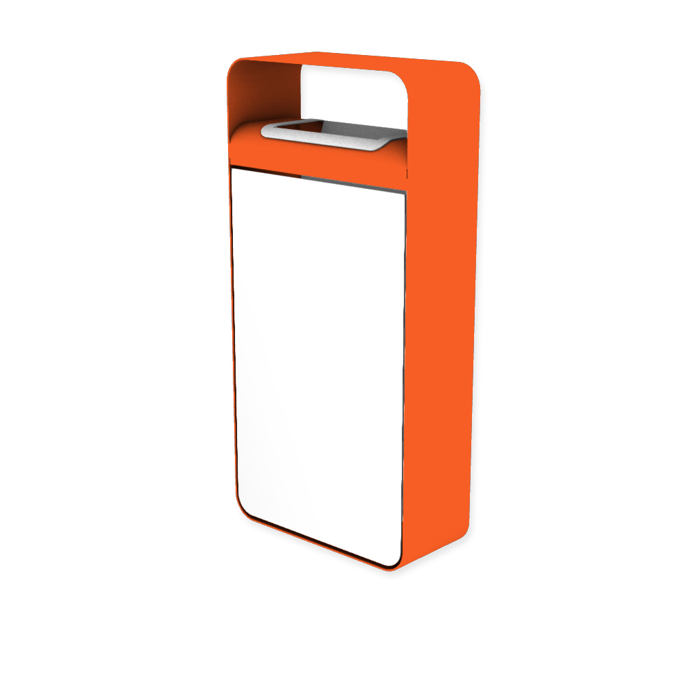 Die Abb. zeigt den EGOÉ Abfallbehälter I20 mit Dach - 60 Liter mit Farbe Rahmen Hellrotorange (RAL 2008) und Farbe Korpus Reinweiß (RAL 9010).