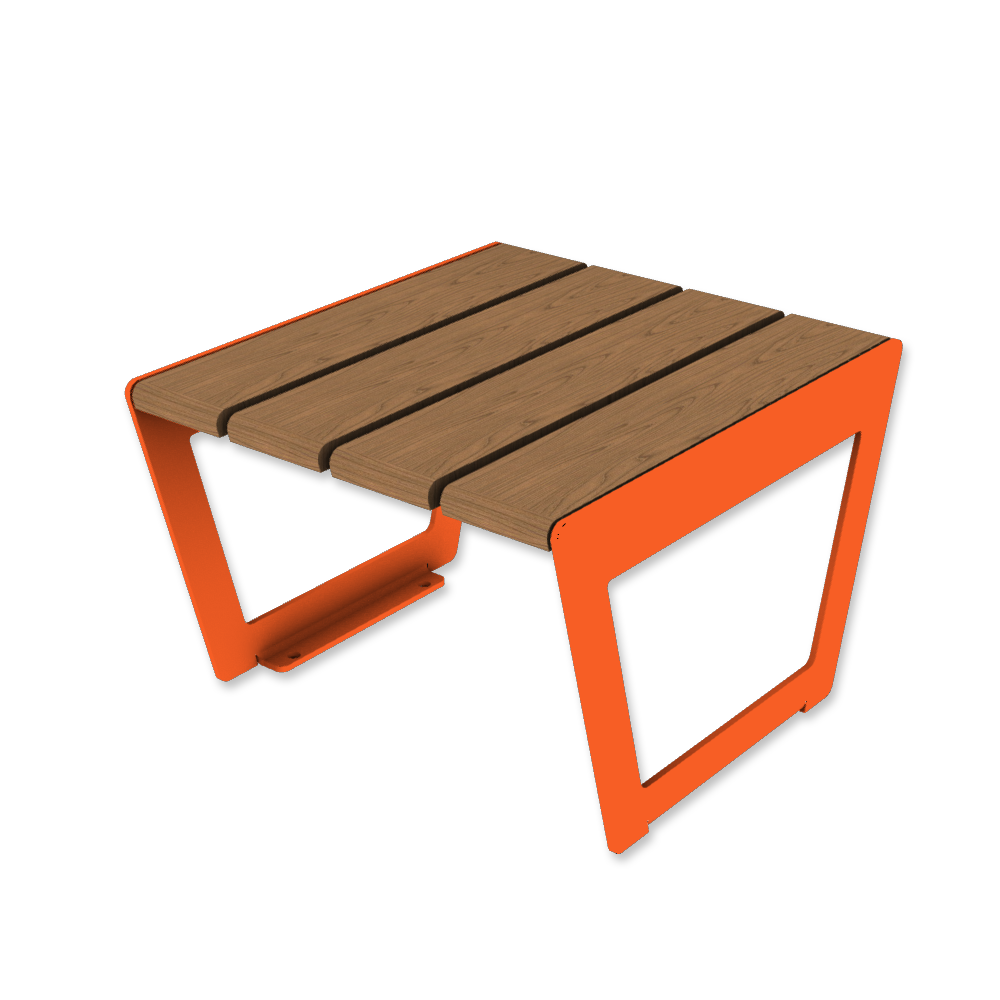 Die Abb. zeigt den modularen Hocker A4 in Hellrotorange (RAL 2008) mit Jatoba Natur.