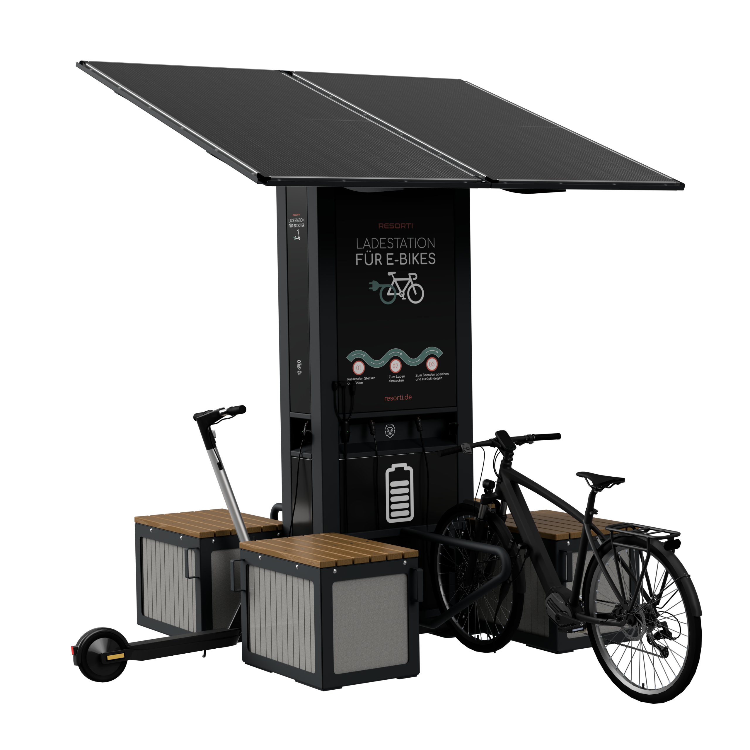 Die Abb. zeigt die mobile RESORTI Solar-Ladesäule für E-Bikes und E-Scooter (Bike, Scooter & Betonplatten nicht im Lieferumfang).