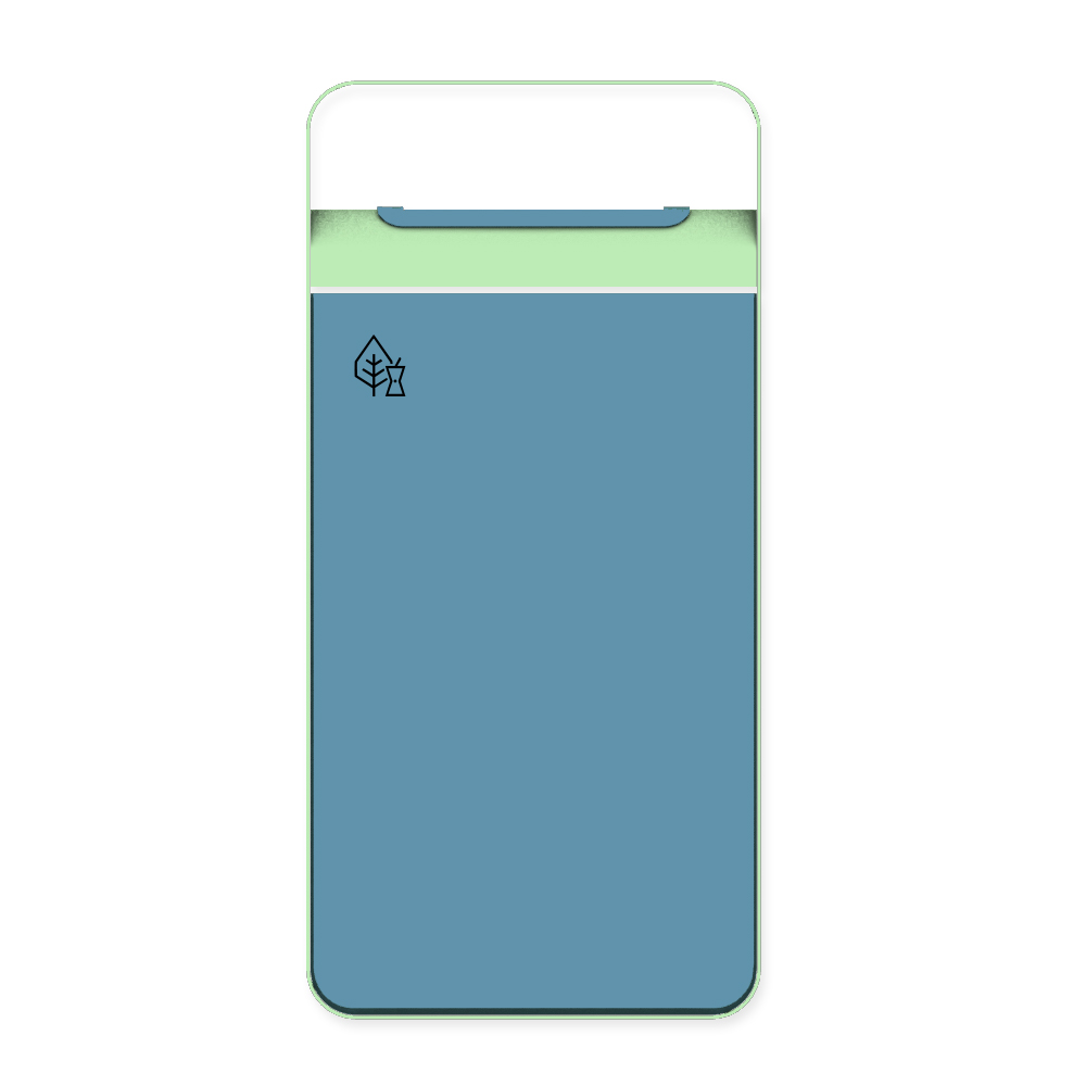 Die Abb. zeigt die Vorderseite des EGOÉ Abfallbehälters I20 mit Piktogramm Biomüll, Dach - 60 Liter mit Piktogramm Biomüll, Farbe Rahmen Weißgrün (RAL 6019) und Farbe Korpus Pastellblau (RAL 5024).
