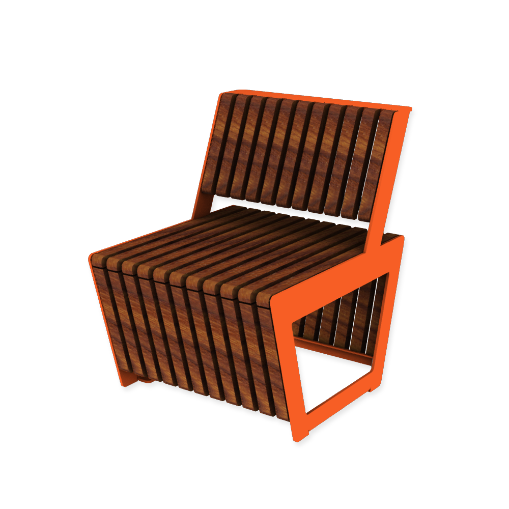 Die Abb. zeigt den modularen Stuhl A4 mit schmalen Holzleisten in Hellrotorange (RAL 2008) mit Thermoesche geölt.