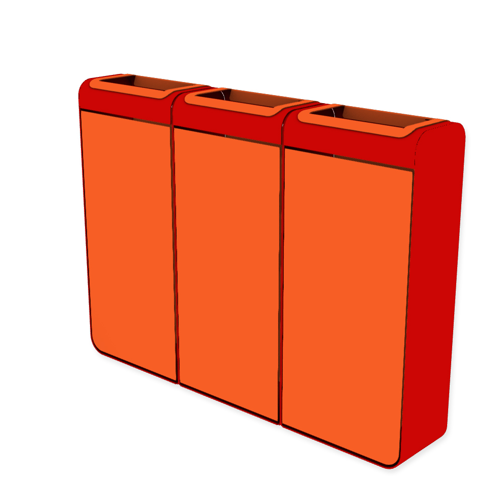 Die Abb. zeigt den EGOÉ Recycling Abfallbehälter I20 - 3x45 Liter mit Farbe Rahmen Verkehrsrot (RAL 3020) und Farbe Korpus Hellrotorange (RAL 2008).