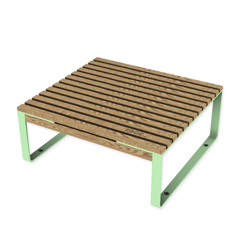 Die Abb. zeigt den EGOÉ Outdoor Lounge-Tisch I1 in Weißgrün (RAL 6019) mit Thermoesche Natur.