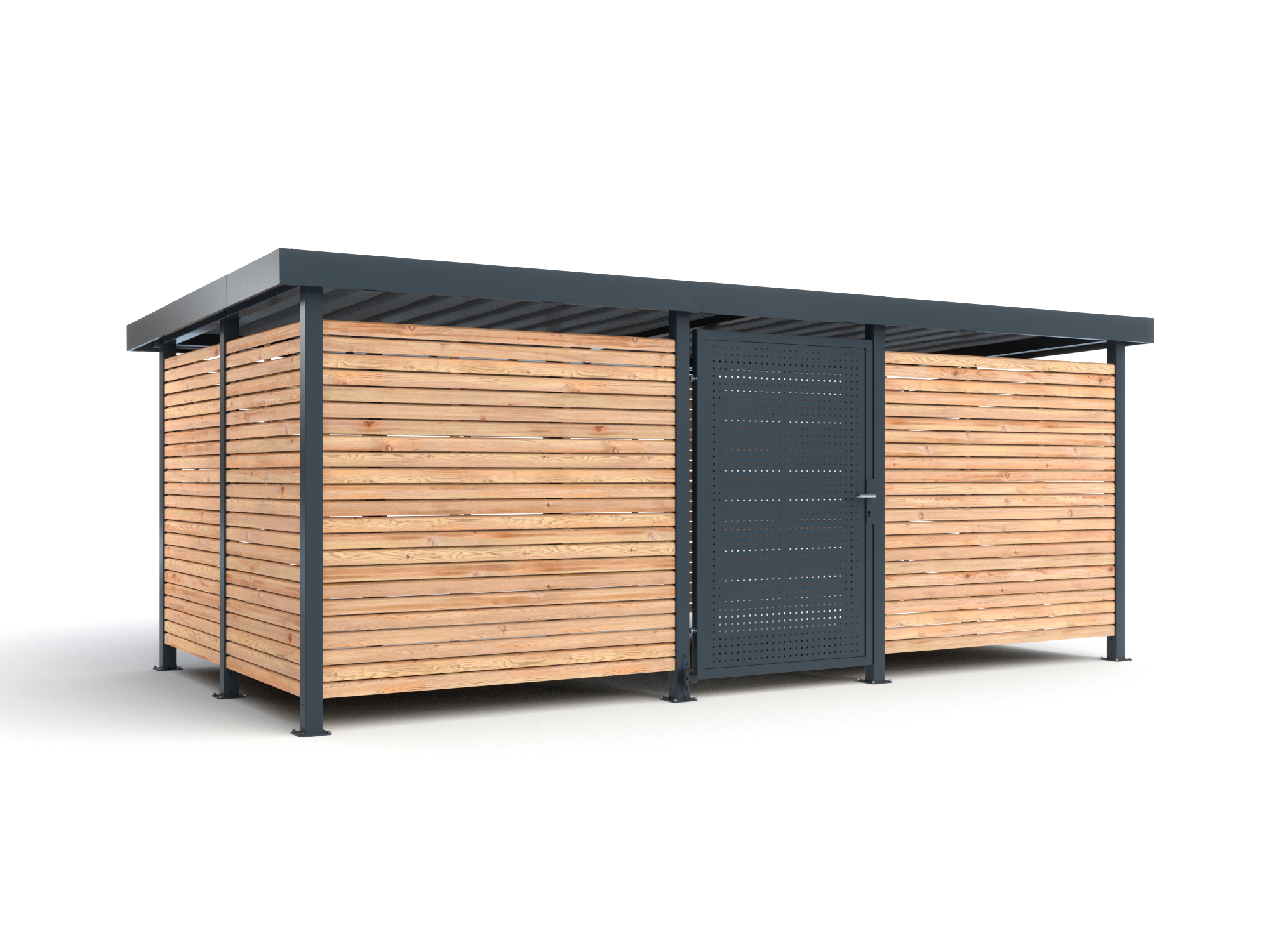 Die Abb. zeigt das RESORTI Fahrradhaus M4 mit Holzverkleidung und mit Tür mit Lochblechverkleidung.
