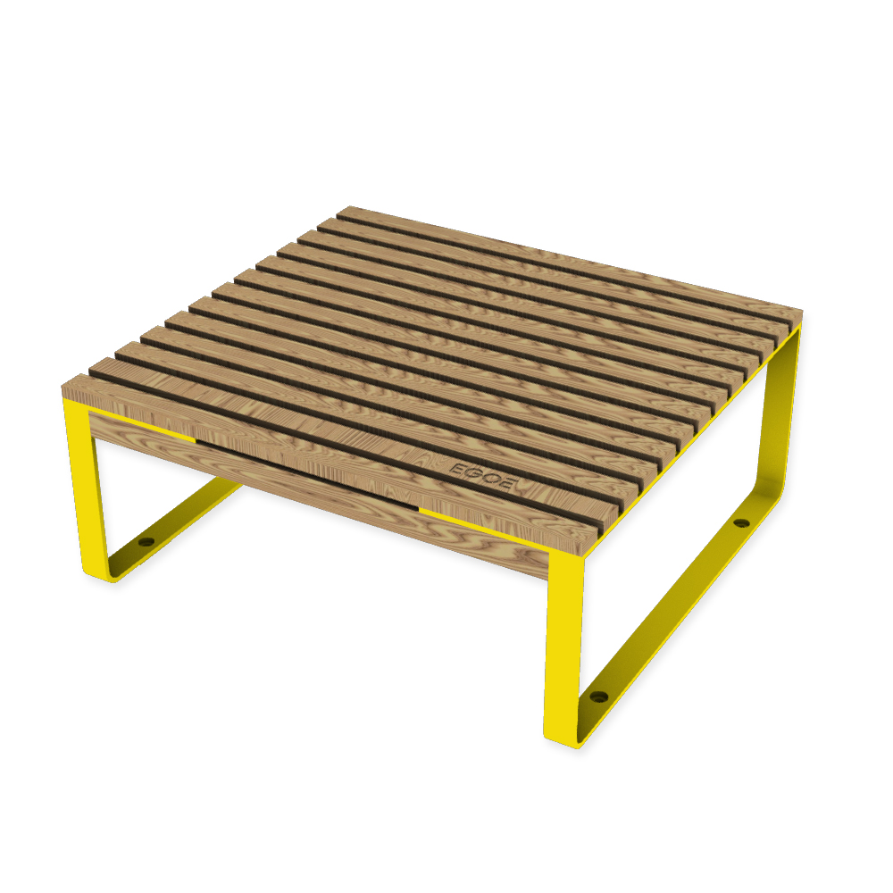 Die Abb. zeigt den EGOÉ Outdoor Lounge-Tisch I1 in Rapsgelb (RAL 1021) mit Thermoesche Natur.