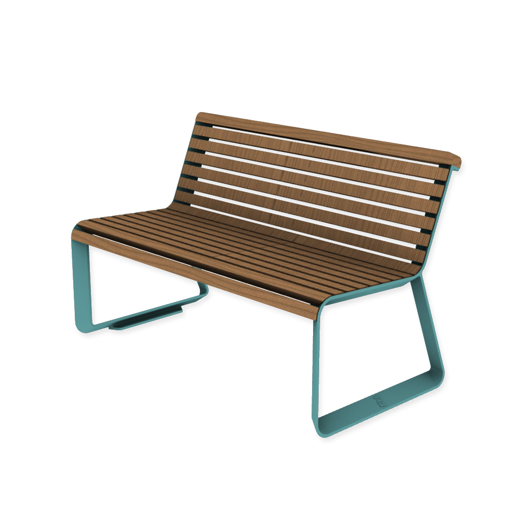 Die Abb. zeigt die EGOÉ Bank I2 profiliertes Aluminiumgestell in Pastellblau (RAL 5024) mit Jatoba Natur.