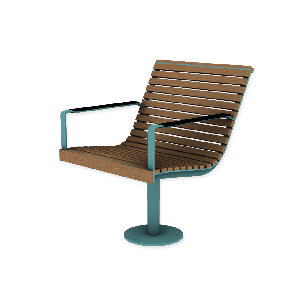 Die Abb. zeigt den EGOÉ Drehstuhl I1 zum Aufschrauben in Pastellblau (RAL 5024) mit HPL-Besatz Armlehnen in Schwarz (NT 0080) und Jatoba Natur.