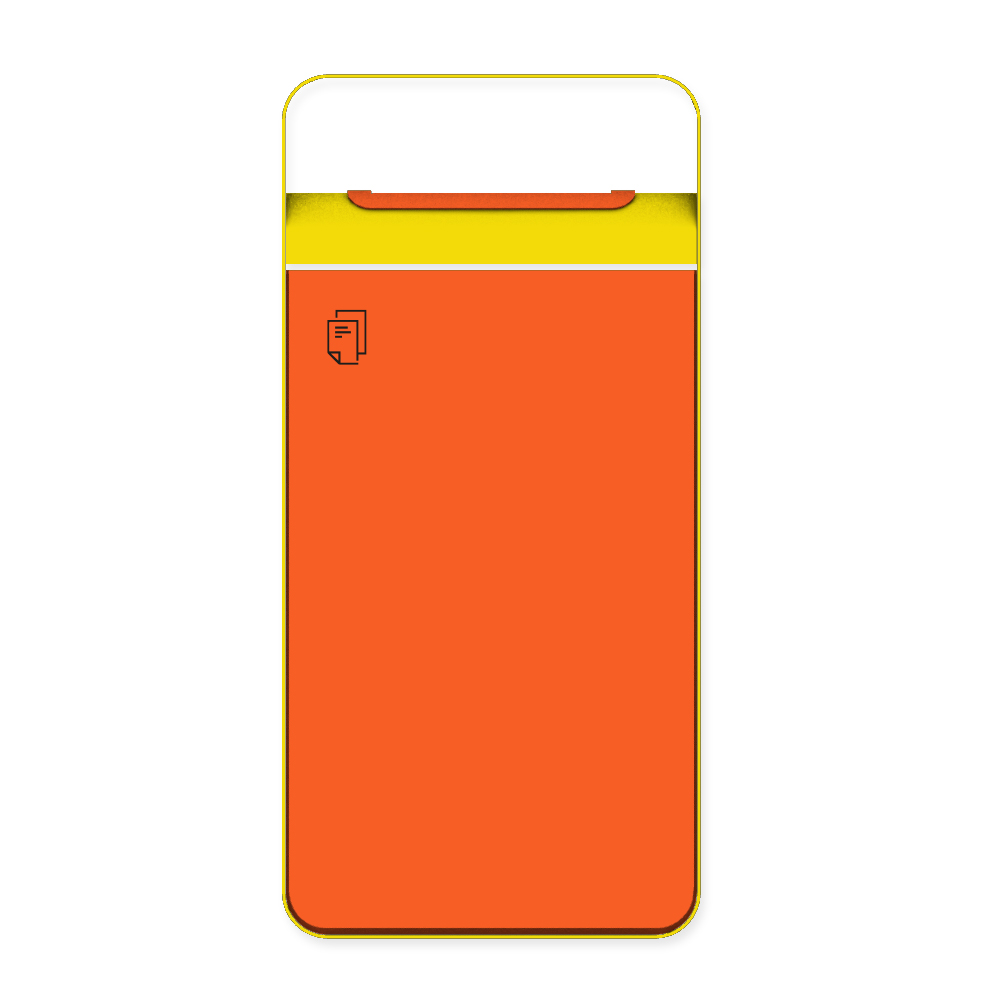 Die Abb. zeigt die Vorderseite des EGOÉ Abfallbehälters I20 mit Piktogramm Papier, Dach - 60 Liter mit Piktogramm Papier, Farbe Rahmen Rapsgelb (RAL 1021) und Farbe Korpus Hellrotorange (RAL 2008).