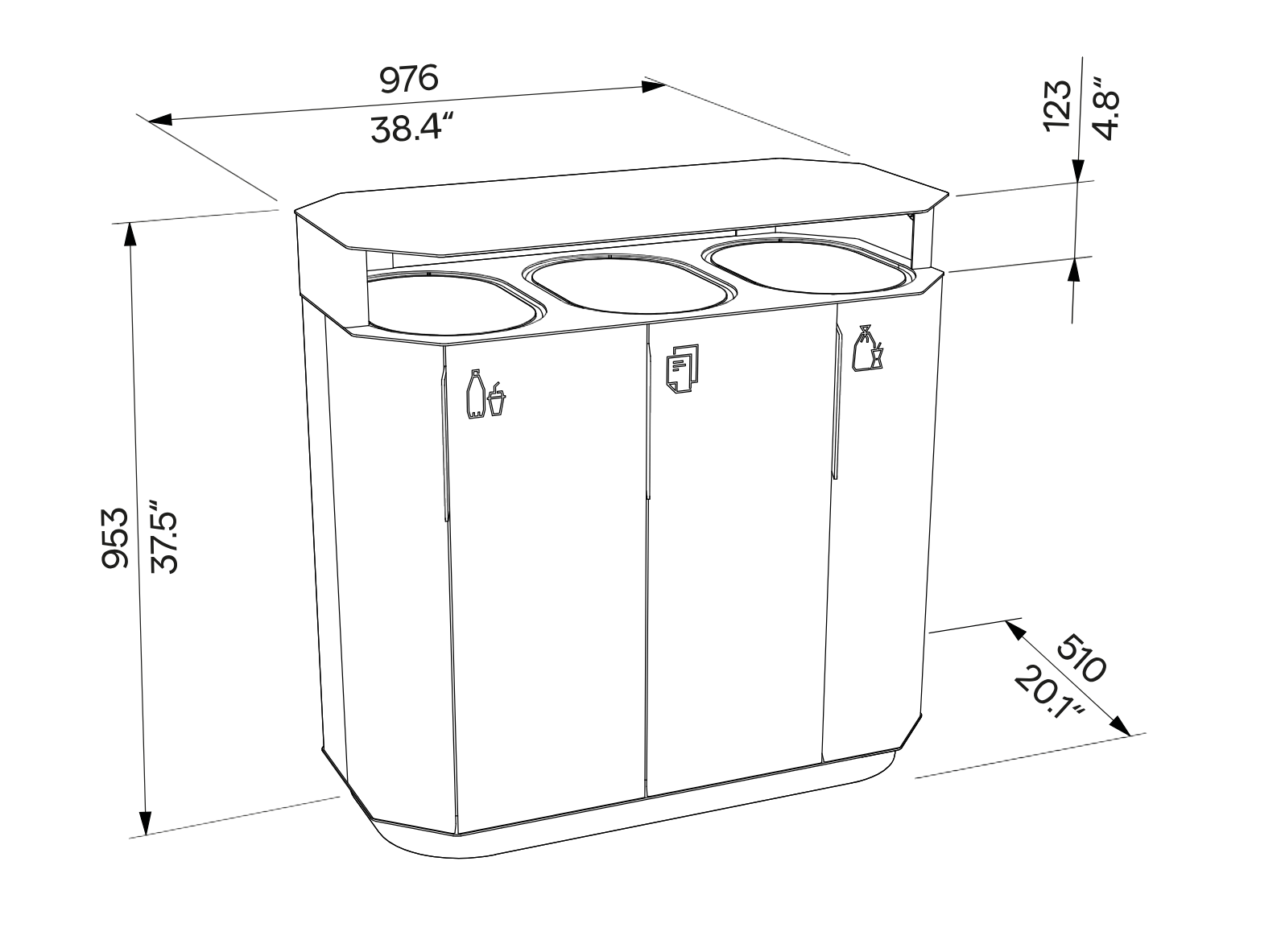 Die Abb. zeigt die technischen Daten des EGOÉ 3er Recycling-Abfallbehälters A20 Aluminium mit Stahldach, oval.