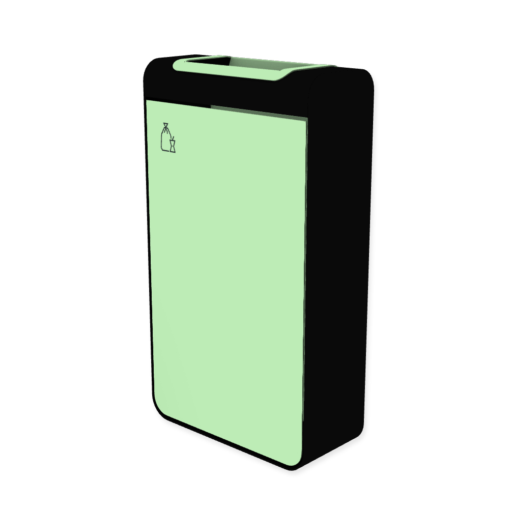 Die Abb. zeigt den EGOÉ Abfallbehälter I20 - 60 Liter mit Piktogramm Restmüll, Farbe Rahmen Tiefschwarz (RAL 9005) und Farbe Korpus Weißgrün (RAL 6019).