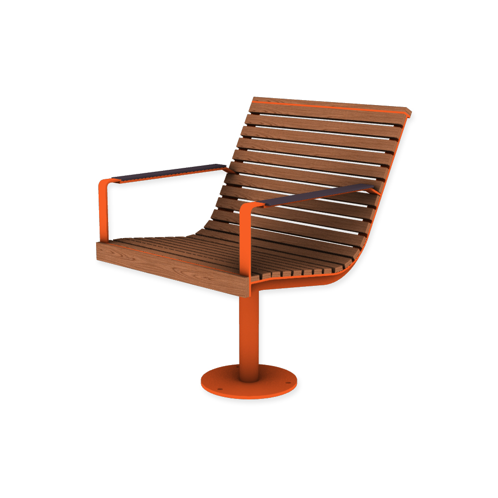 Die Abb. zeigt den EGOÉ Stuhl I1 auf einem Bein zum Aufschrauben in Hellrotorange (RAL 2008) mit HPL-Besatz Armlehnen in Graphitgrau (NT 0077) und Jatoba geölt.