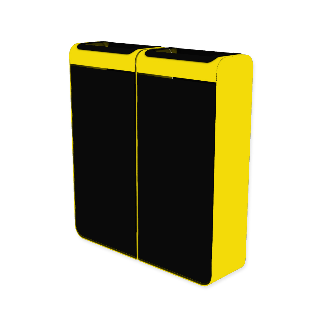 Die Abb. zeigt den EGOÉ Recycling Abfallbehälter I20 - 2x45 Liter mit Farbe Rahmen Rapsgelb (RAL 1021) und Farbe Korpus Tiefschwarz (RAL 9005).