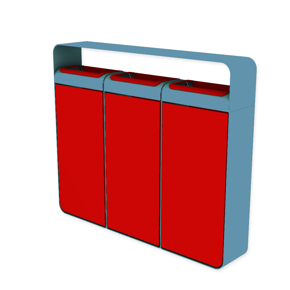 Die Abb. zeigt den EGOÉ Recycling Abfallbehälter I20 mit Dach - 3x45 Liter mit Farbe Rahmen Pastellblau (RAL 5024) und Farbe Korpus Verkehrsrot (RAL 3020).