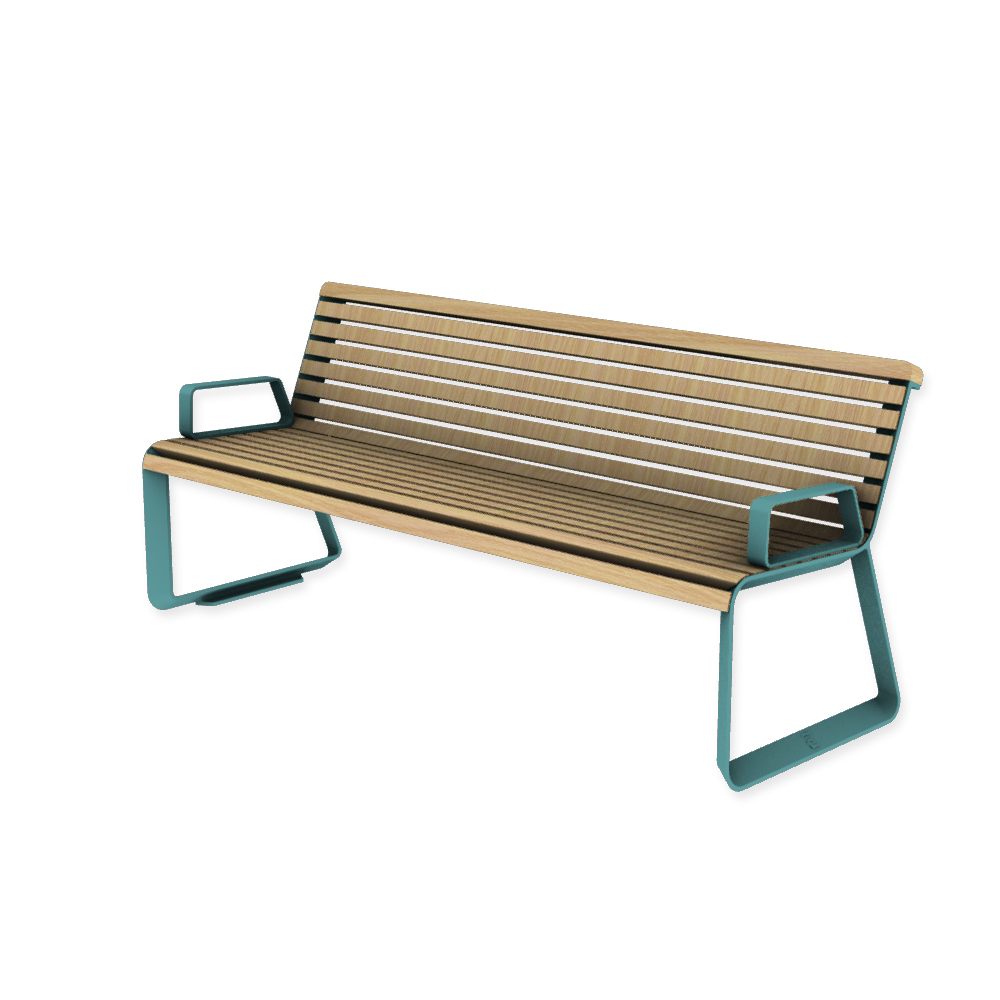 Die Abb. zeigt die EGOÉ Bank I2 profiliertes Aluminiumgestell mit Armlehnen in Pastellblau (RAL 5024) mit Robinie Natur.