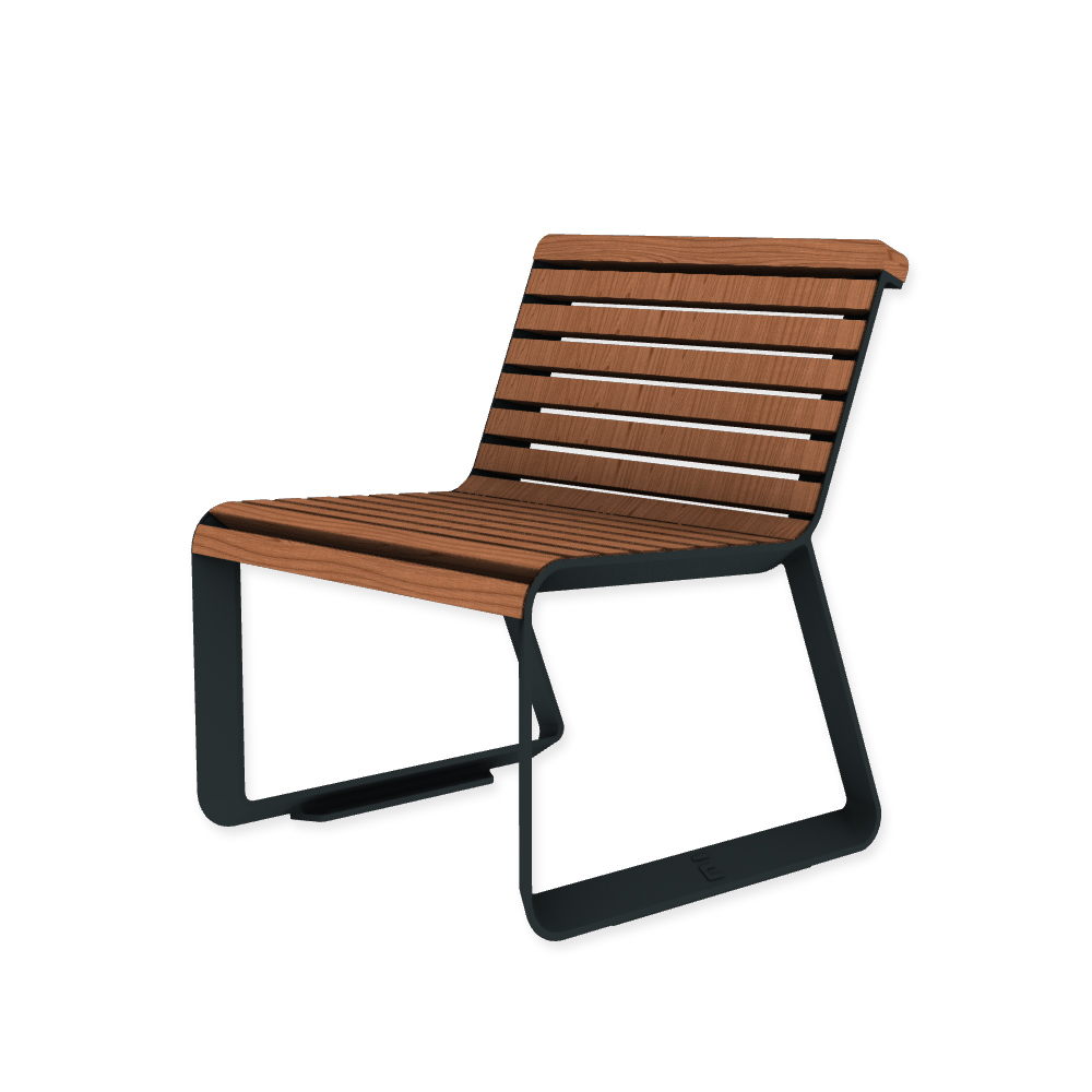 Die Abb. zeigt den EGOÉ Stuhl I2 profiliertes Aluminiumgestell in Anthrazitgrau (RAL 7016) mit Jatoba geölt.