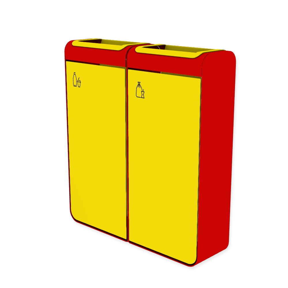 Die Abb. zeigt den EGOÉ Recycling Abfallbehälter I20 - 2x45 Liter mit Piktogrammen Kunststoff-Restmüll,  Farbe Rahmen Verkehrsrot (RAL 3020) und Farbe Korpus Rapsgelb (RAL 1021).