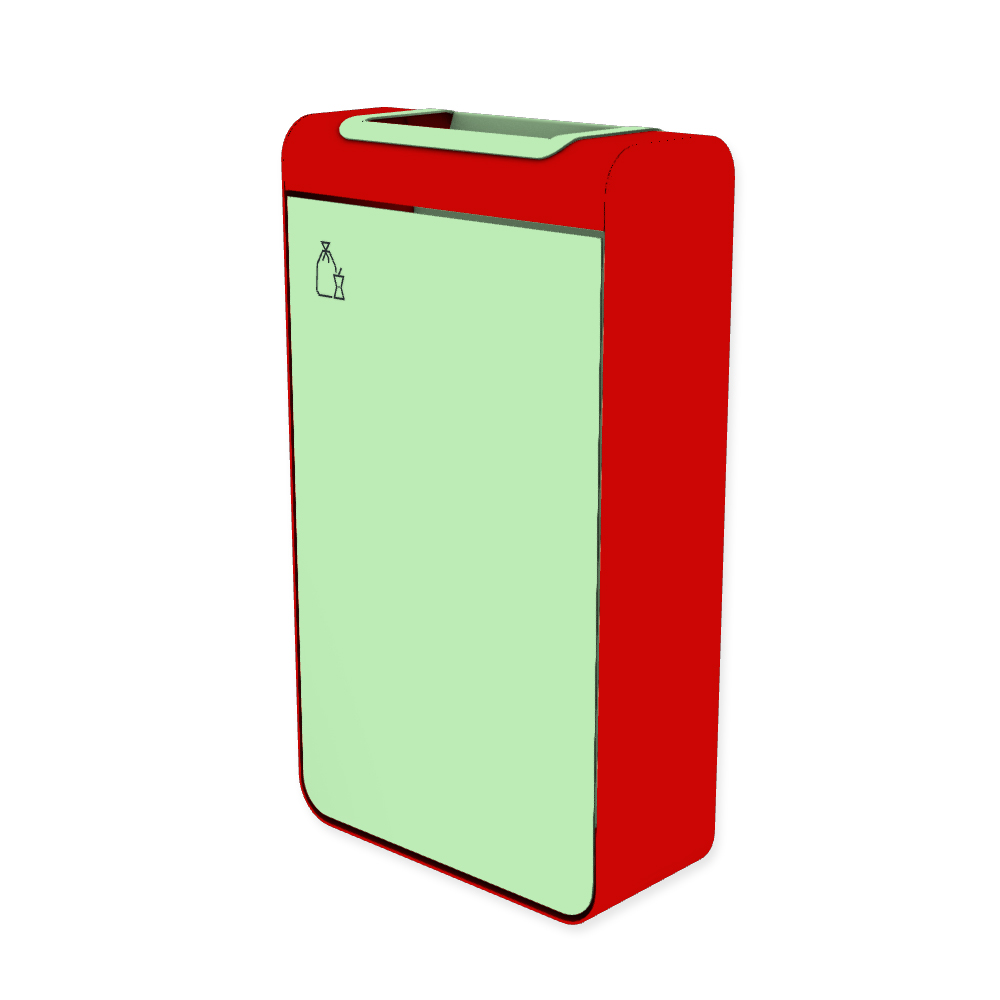 Die Abb. zeigt den EGOÉ Abfallbehälter I20 - 60 Liter mit Piktogramm Restmüll, Farbe Rahmen Verkehrsrot (RAL 3020) und Farbe Korpus Weißgrün (RAL 6019).