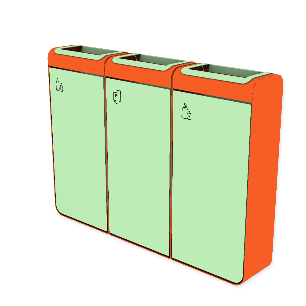 Die Abb. zeigt den EGOÉ Recycling Abfallbehälter I20 - 3x45 Liter mit Piktogrammen,  Farbe Rahmen Hellrotorange (RAL 2008) und Farbe Korpus Weißgrün (RAL 6019).