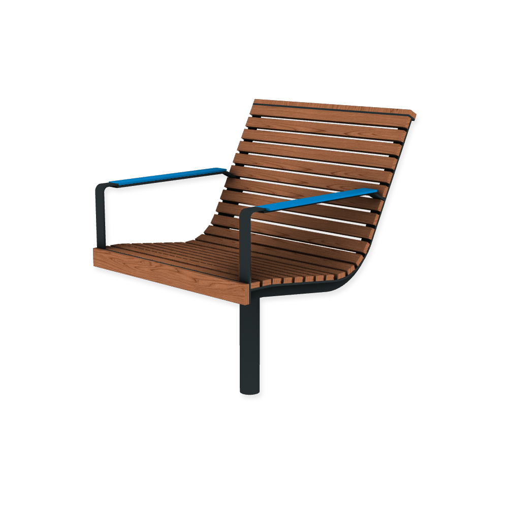 Die Abb. zeigt den EGOÉ Stuhl I1 auf einem Bein zum Einbetonieren in Anthrazitgrau (RAL 7016) mit HPL-Besatz Armlehnen in Blau (NT 0717) und Jatoba geölt.