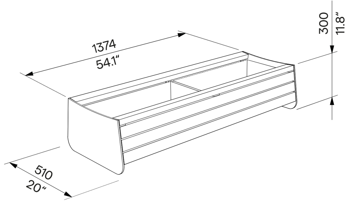 Die Abb. zeigt die Maßskizze des EGOÉ Pflanzkübels I30 - 2x35 Liter U-förmig.