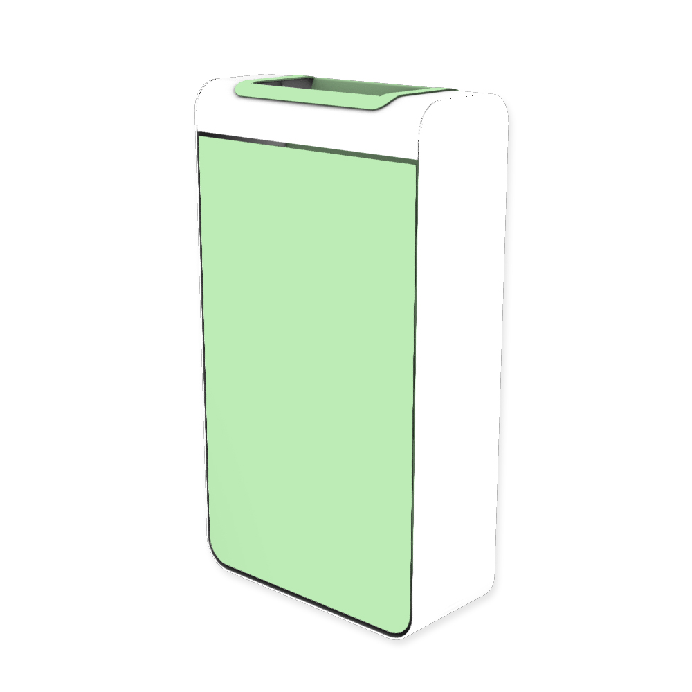Die Abb. zeigt den EGOÉ Abfallbehälter I20 - 60 Liter mit Farbe Rahmen Reinweiß (RAL 9010) und Farbe Korpus Weißgrün (RAL 6019).