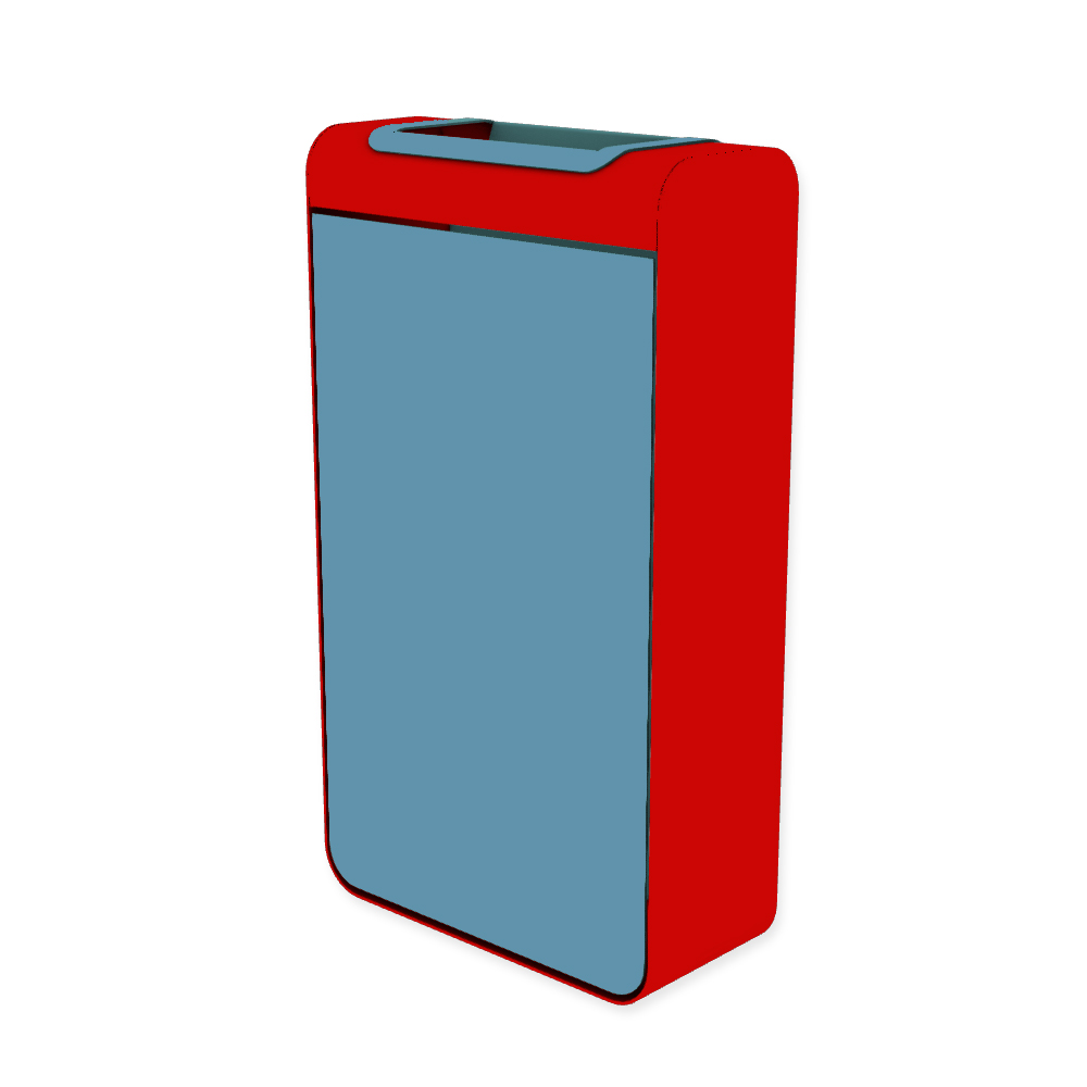 Die Abb. zeigt den EGOÉ Abfallbehälter I20 - 60 Liter mit Farbe Rahmen Verkehrsrot (RAL 3020) und Farbe Korpus Pastellblau (RAL 5024).