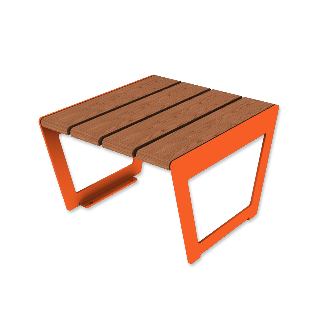 Die Abb. zeigt den modularen Hocker A4 in Hellrotorange (RAL 2008) mit Jatoba geölt.